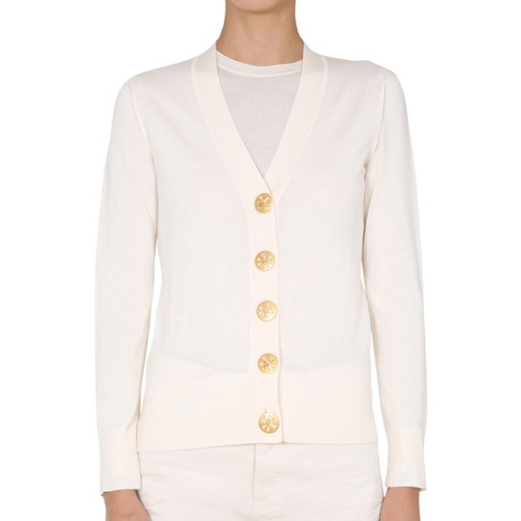 Tory burch white long sleeve v-neck gold bottoms simon cardigan - Picture 2 of 12